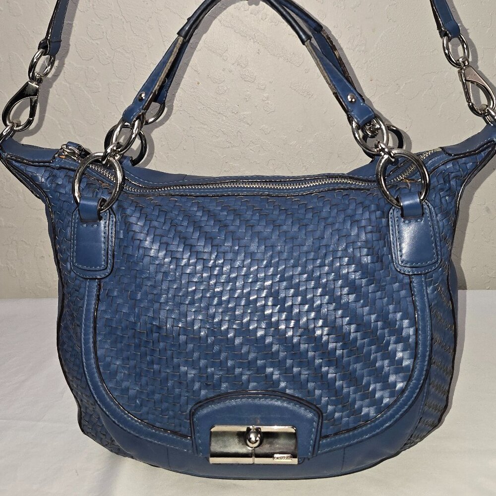 Coach F19312 Kristin Denim Blue Woven Leather Satchel Shoulder Bag Crossbody